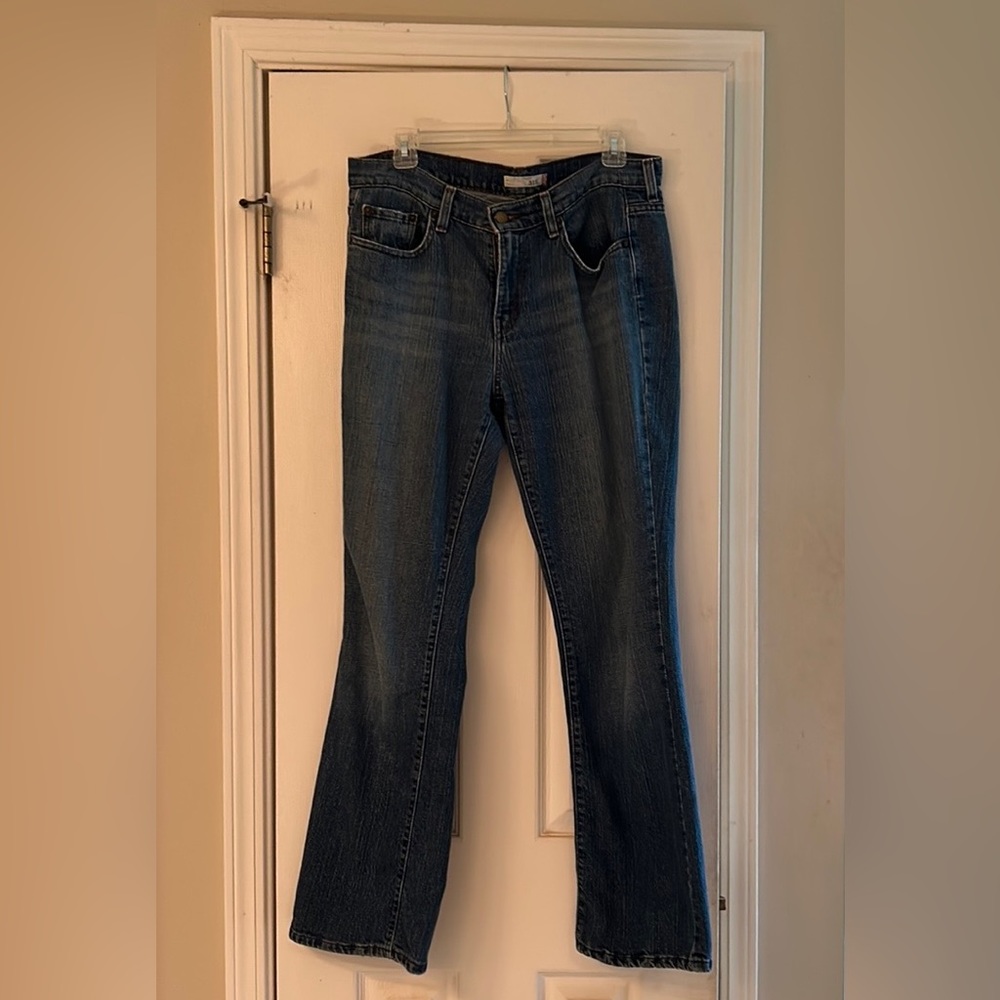 Dark blue, faded Levi jeans; Boot cut; Like new!